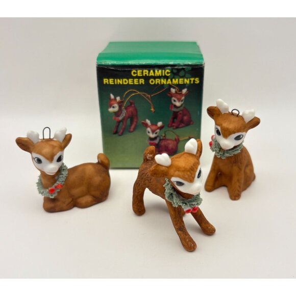 Vintage Mini Reindeer Christmas Tree Ornaments Set Of 3 Ceramic Original Box - Picture 10 of 10